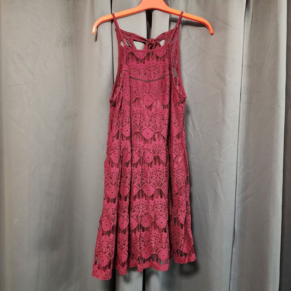Speechless Women’s Burgundy Sleeveless Dress Size XL Tie Waist Boho Floral Lace